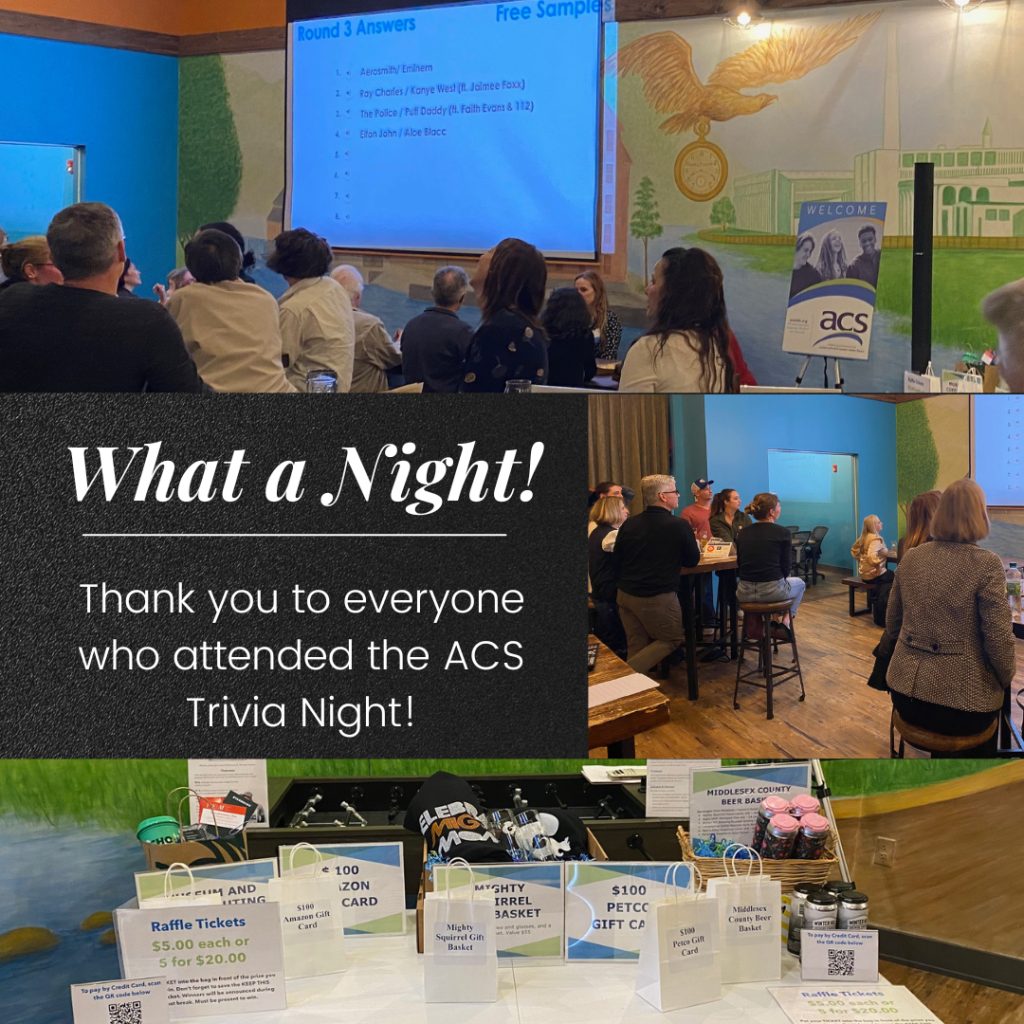 collage of photos from trivia event text says What a night. Thank you for attending the ACS trivia night