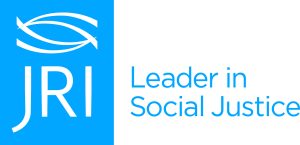 Letters JRI inside box with decorative lines next to text Leader in Social Justice