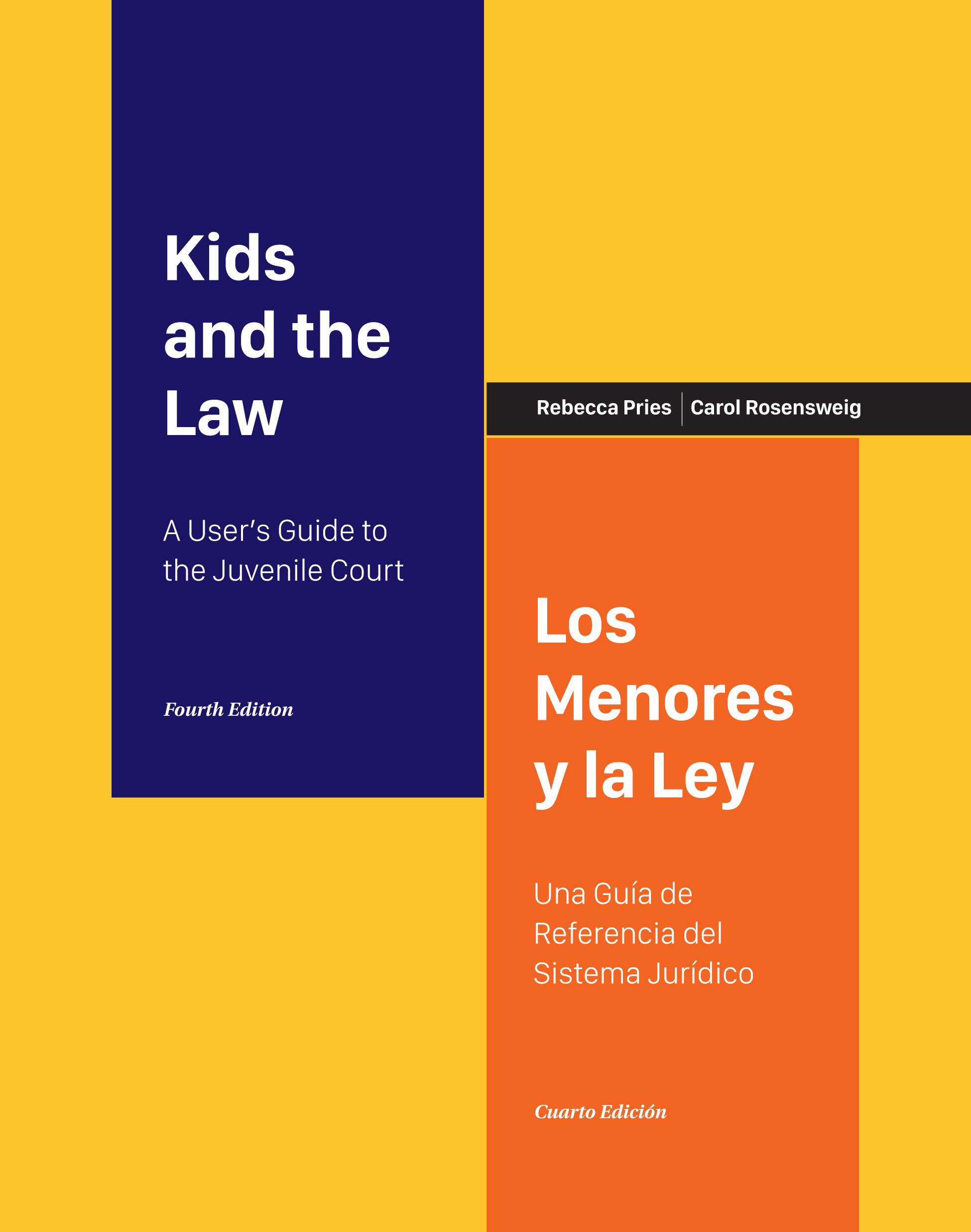book cover is yellow rectangle with blue and orange blocks. Text reads Kids and the Law.